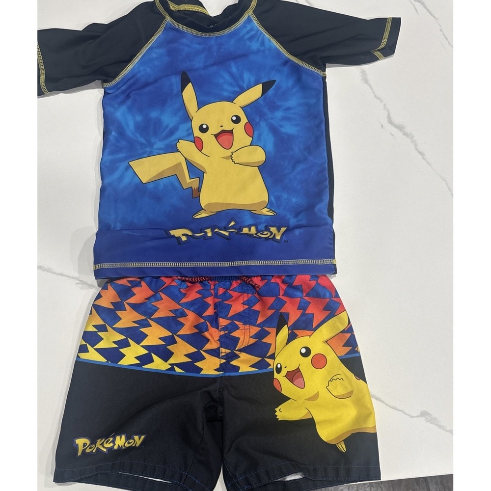 Pokemon 2 Piece Swimsuit Boys Sz "M" Swim Trunks Shorts Rash Guard Shirt Sz XS